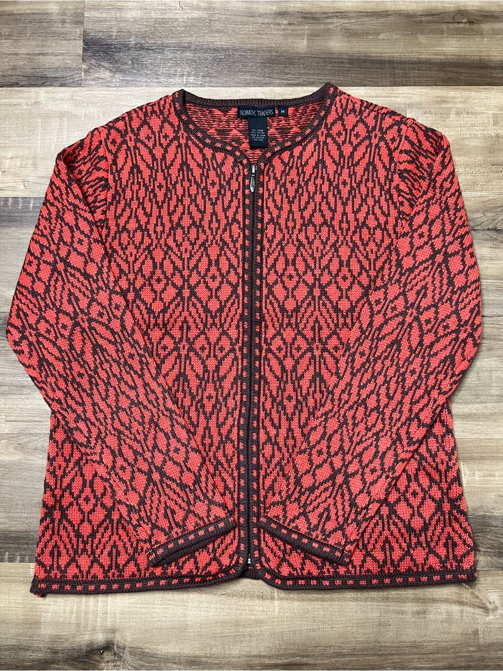 Nomadic Traders Rust and Brown Geometric Woven Full Zip Cardigan Sweater